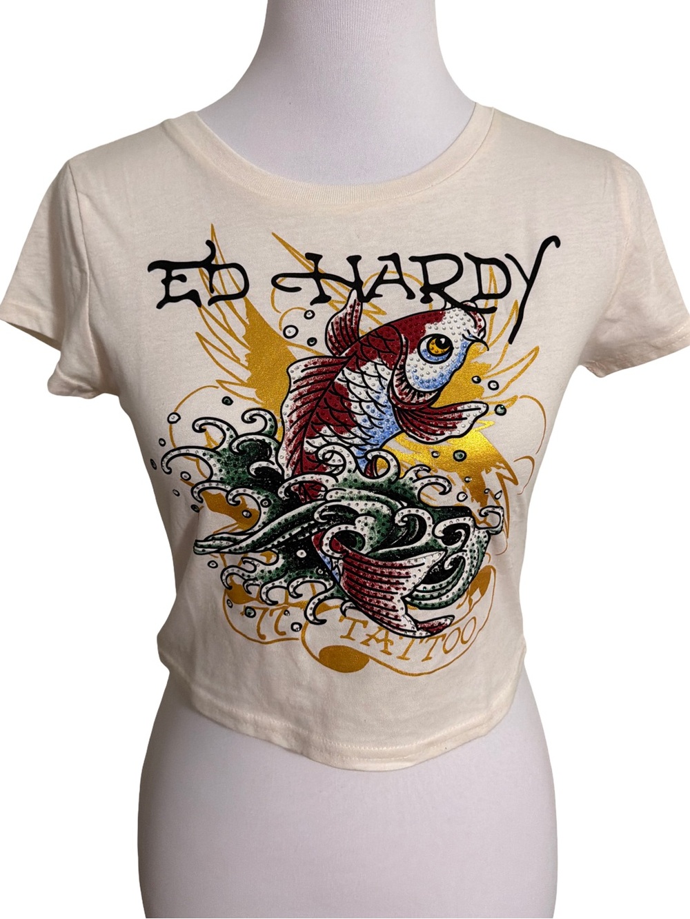 Ed Hardy Cream Crop Tee with Koi Tattoo Graphic